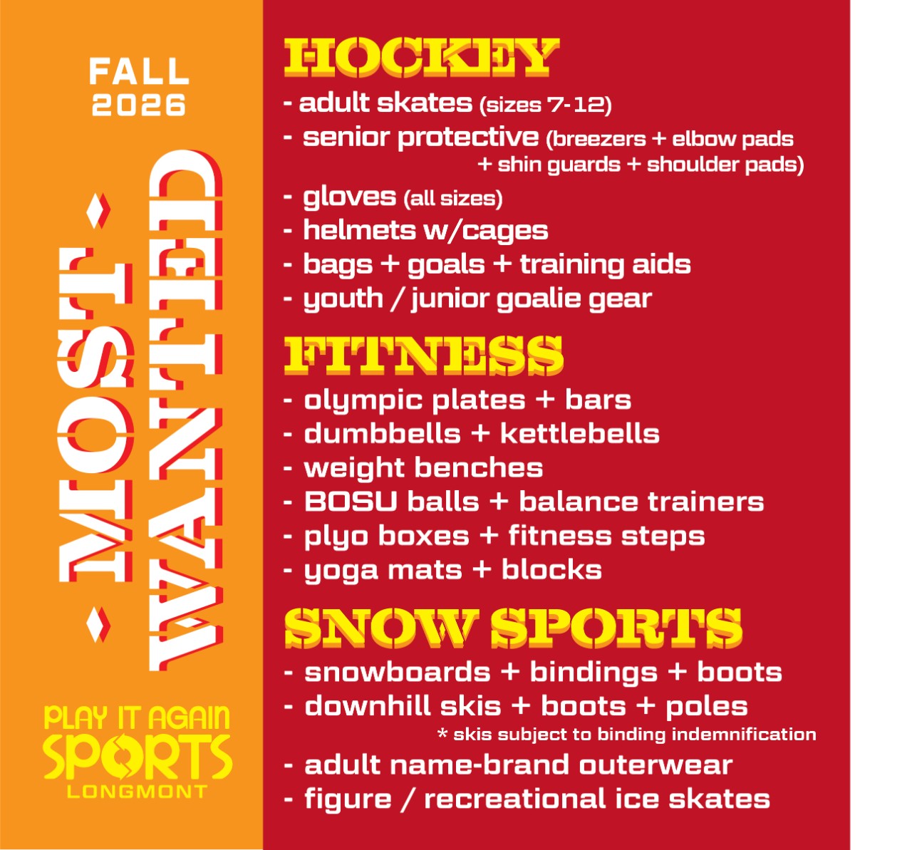 list of the most wanted items the store is looking to buy from customers for summer 2026 including slowpitch bats kids bikes paddleboards skateboards and any golf equipment and clubs
